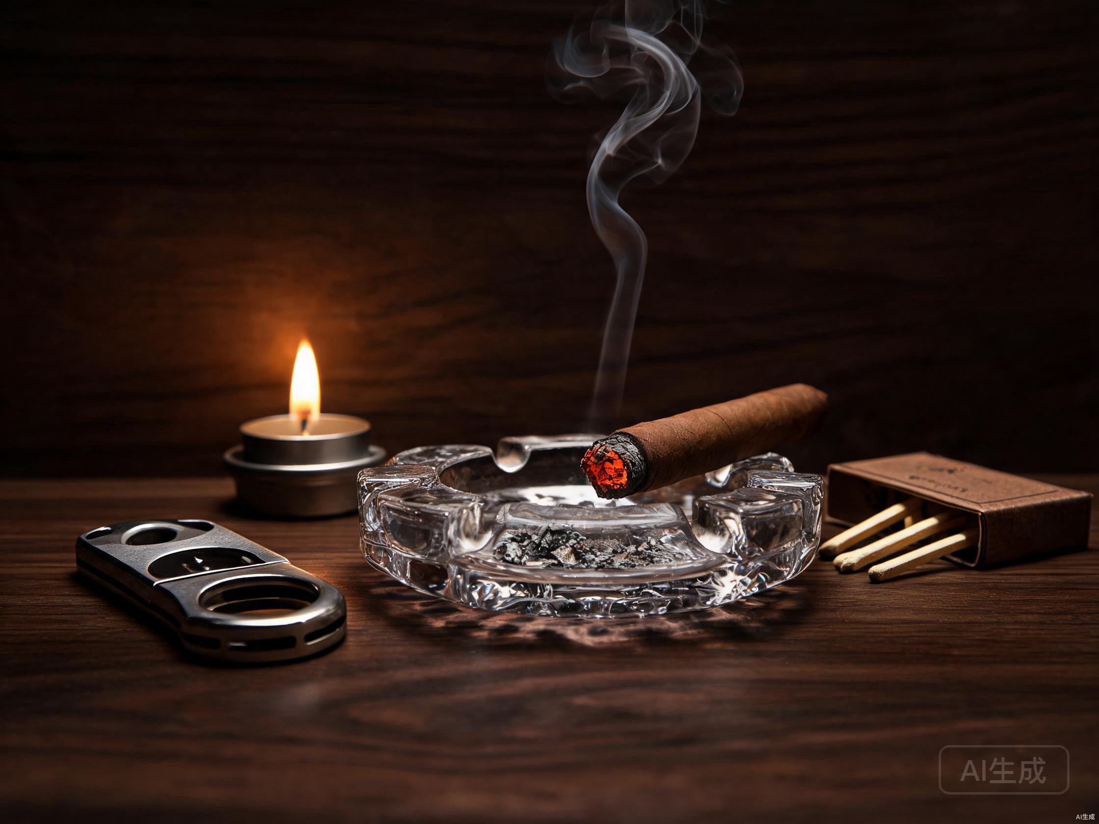 半支点燃的雪茄在烟灰缸中，烟雾袅袅